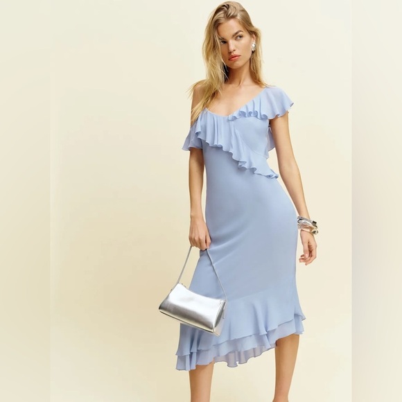NEW Reformation Martine Midi Asymmetric Dress Ice Water Light Blue | size XS - Picture 5 of 14